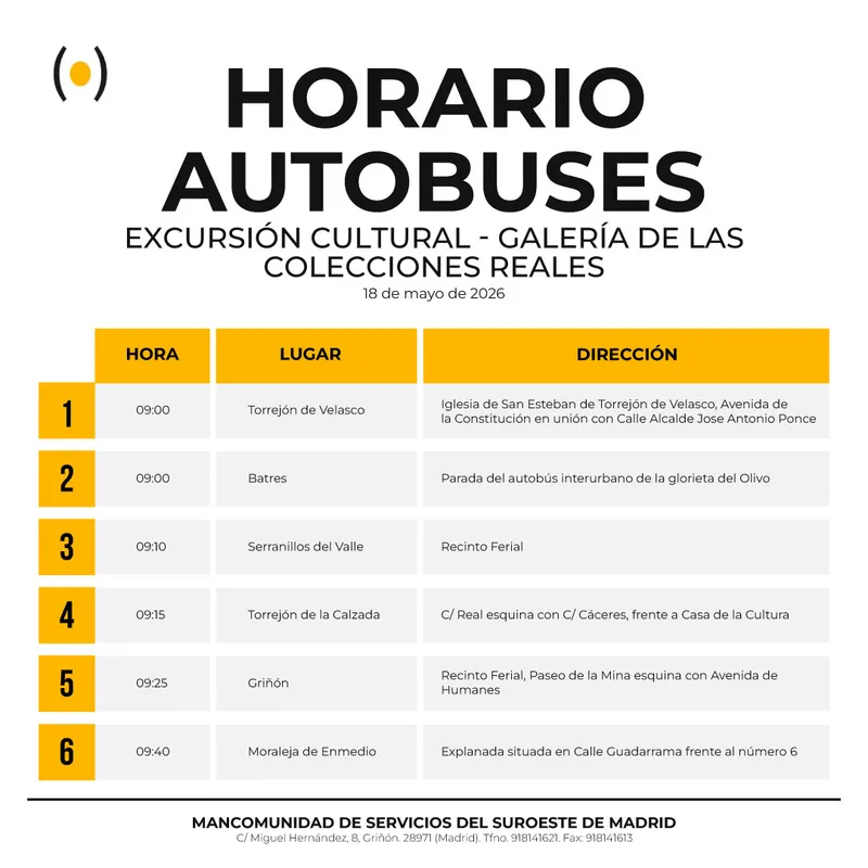 Horario de autobuses para la excursión cultural a la Galería de las Colecciones Reales