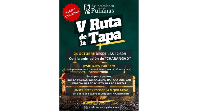 Pulianas celebra la V Ruta de la Tapa el 24 de octubre con degustaciones y animación