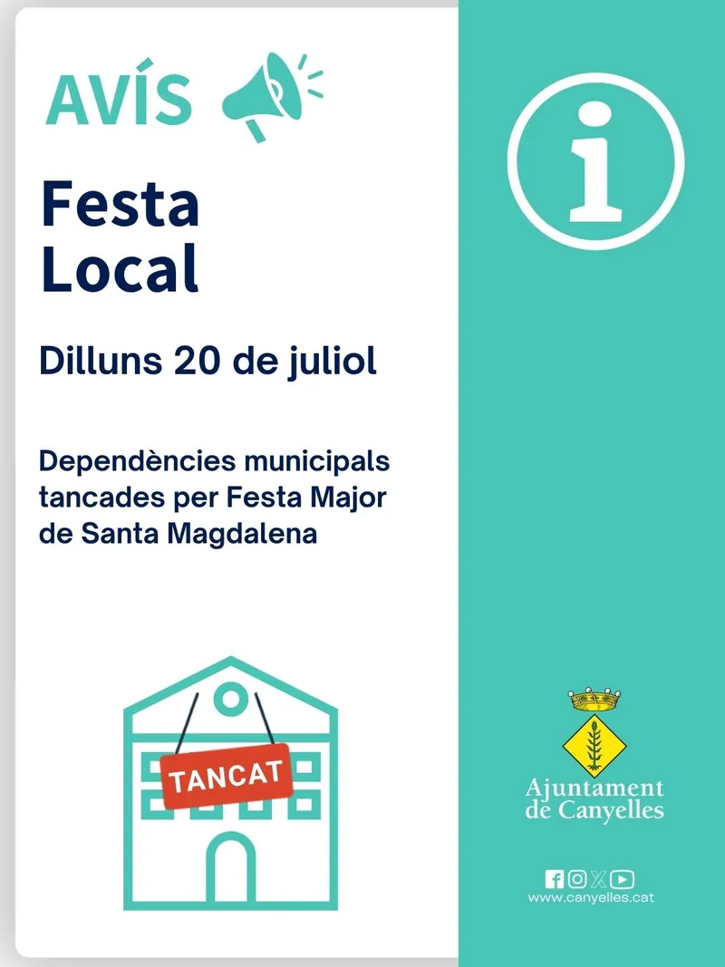 Canyelles cierra sus dependencias municipales el 20 de julio por la Festa Major