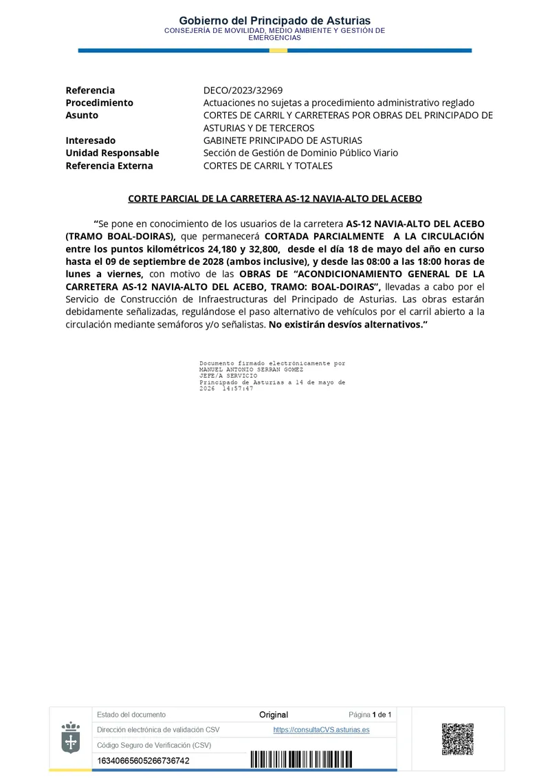 Corte parcial en la AS-12 de Illano entre mayo y septiembre de 2026 por obras