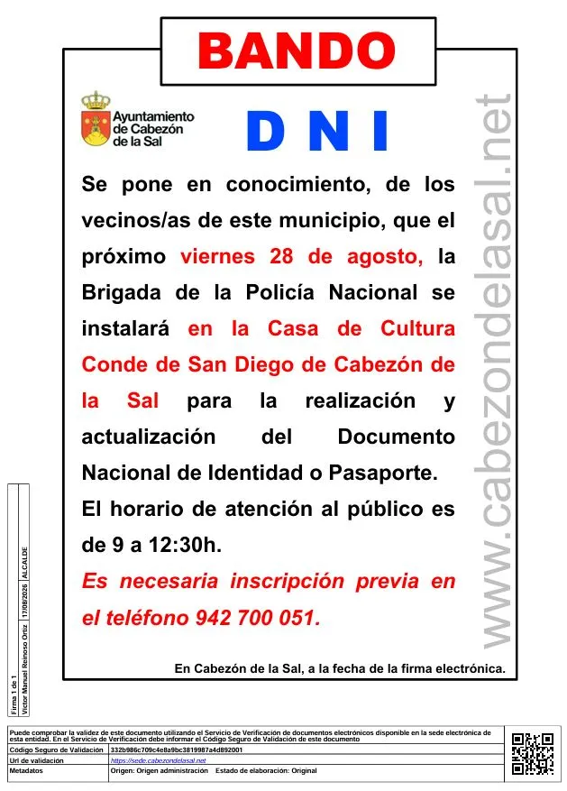 Cabezón de la Sal acoge la expedición de DNI y Pasaporte el 28 de agosto
