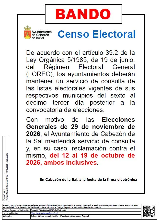 Cabezón de la Sal publica las secciones y locales electorales para las Generales del 29 de noviembre