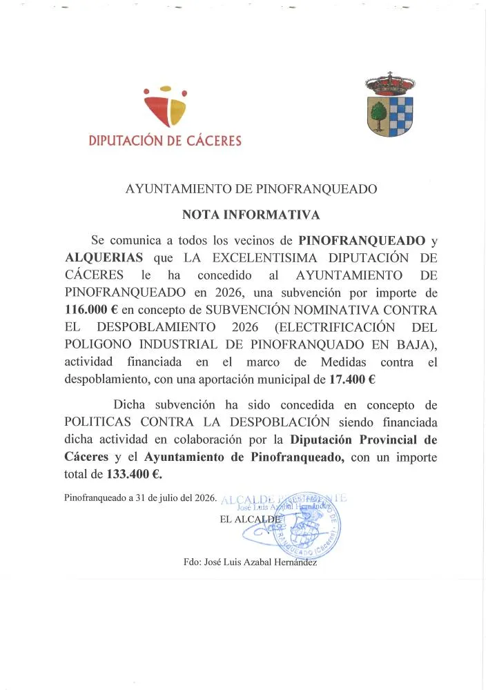 Diputación de Cáceres concede 116.000€ a Pinofranqueado para electrificar el polígono industrial