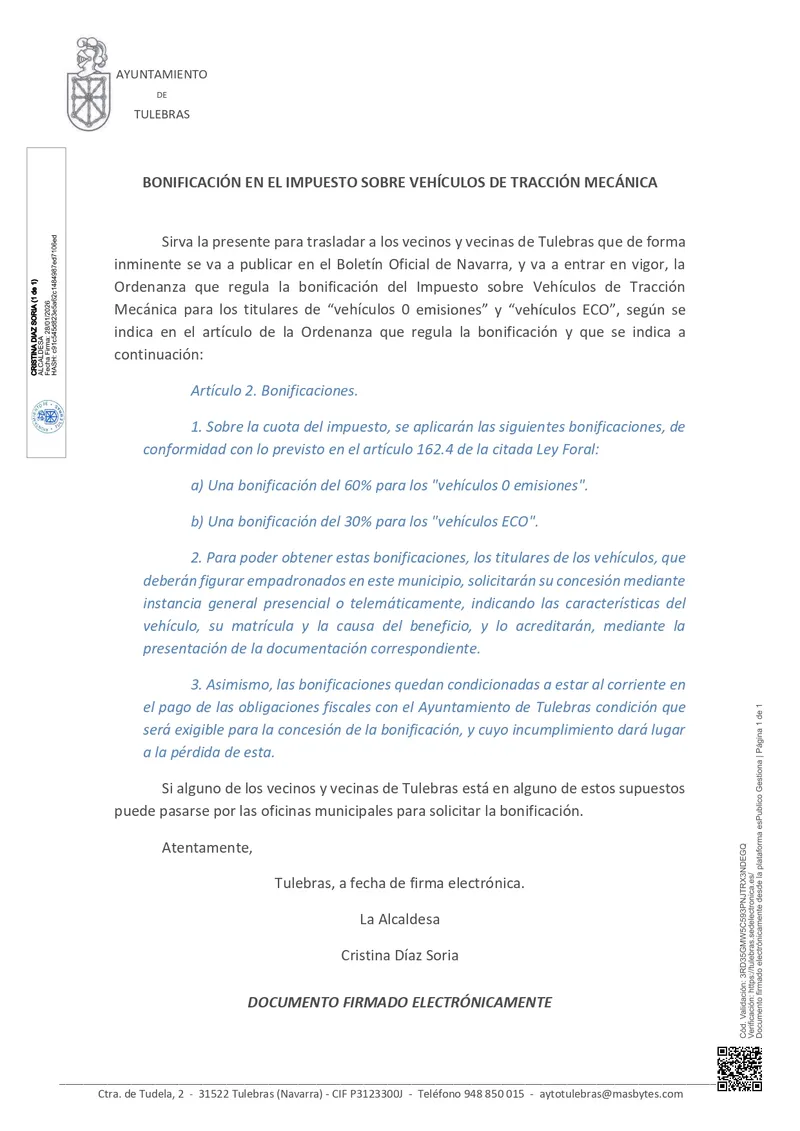 Tulebras bonifica el Impuesto de Vehículos de Tracción Mecánica para vehículos limpios