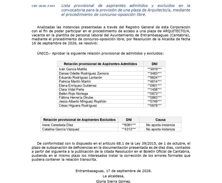 Publicada lista provisional de aspirantes a la plaza de Arquitecto/a en Entrambasaguas