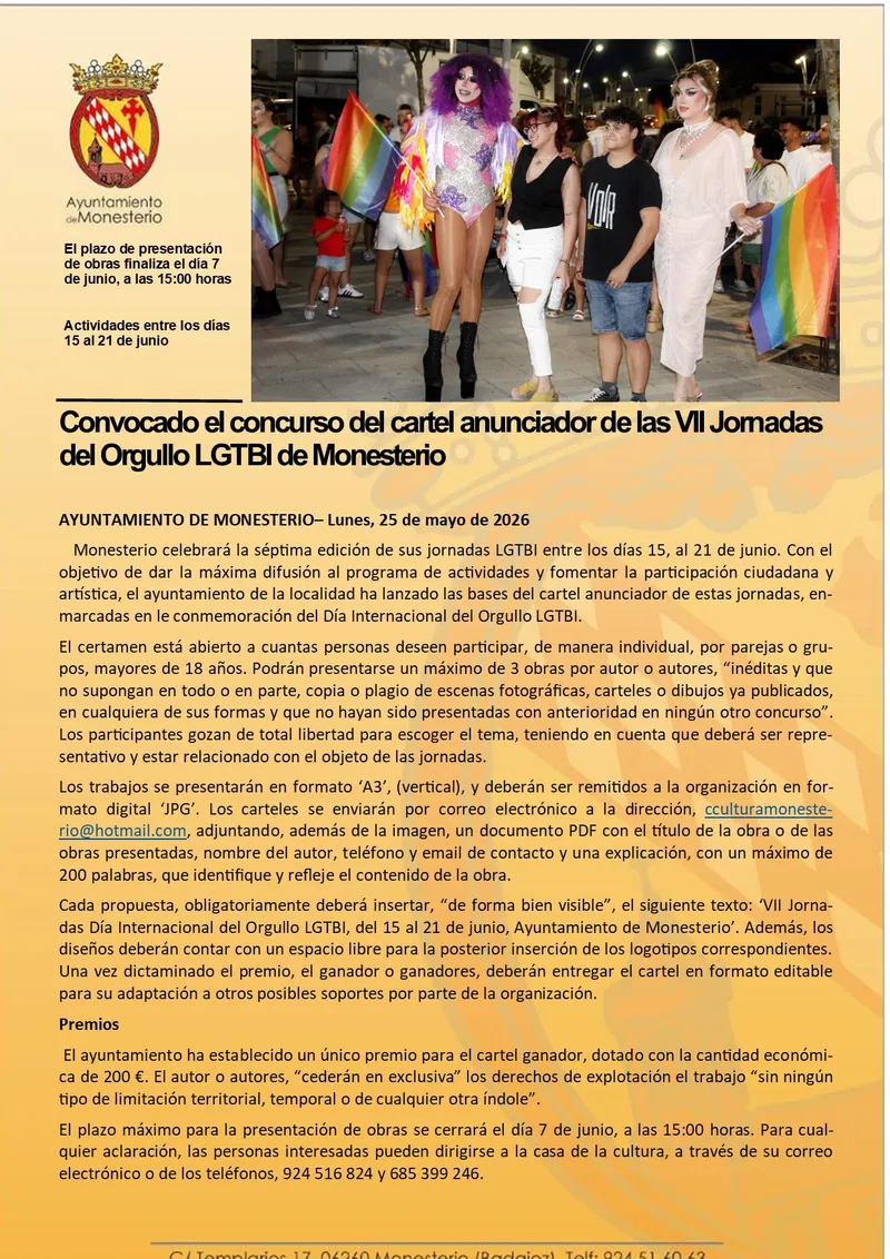 Monesterio lanza el concurso del cartel para las VII Jornadas del Orgullo LGTBI