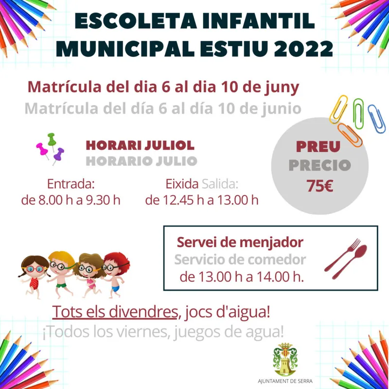 Serra abre el plazo de matrícula para la Escola d'Estiu Municipal