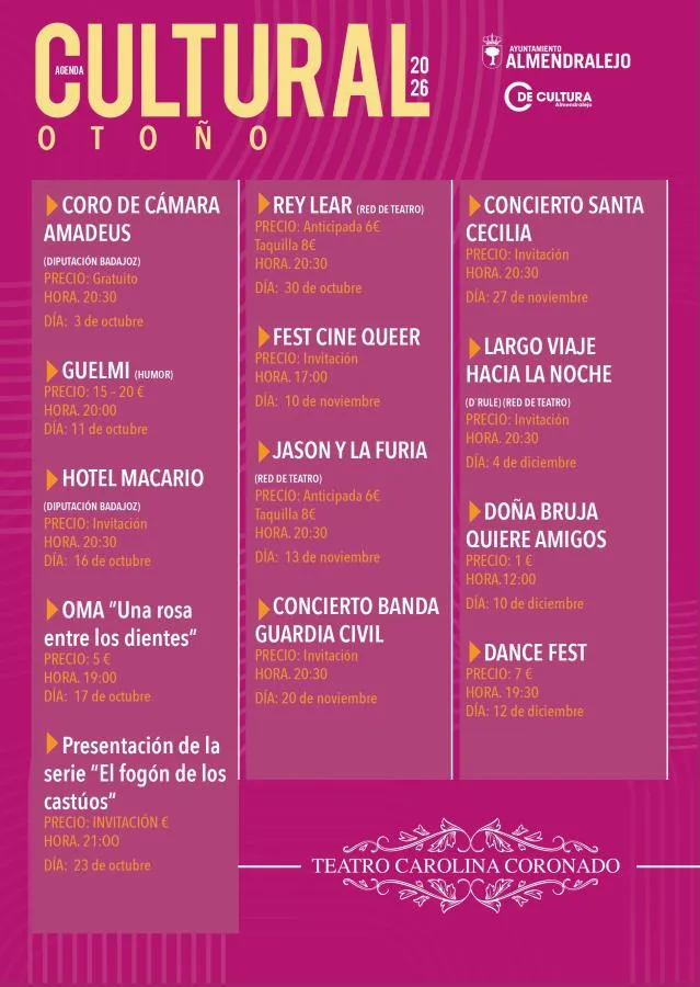 Almendralejo presenta su variada Programación Cultural de Otoño 2026