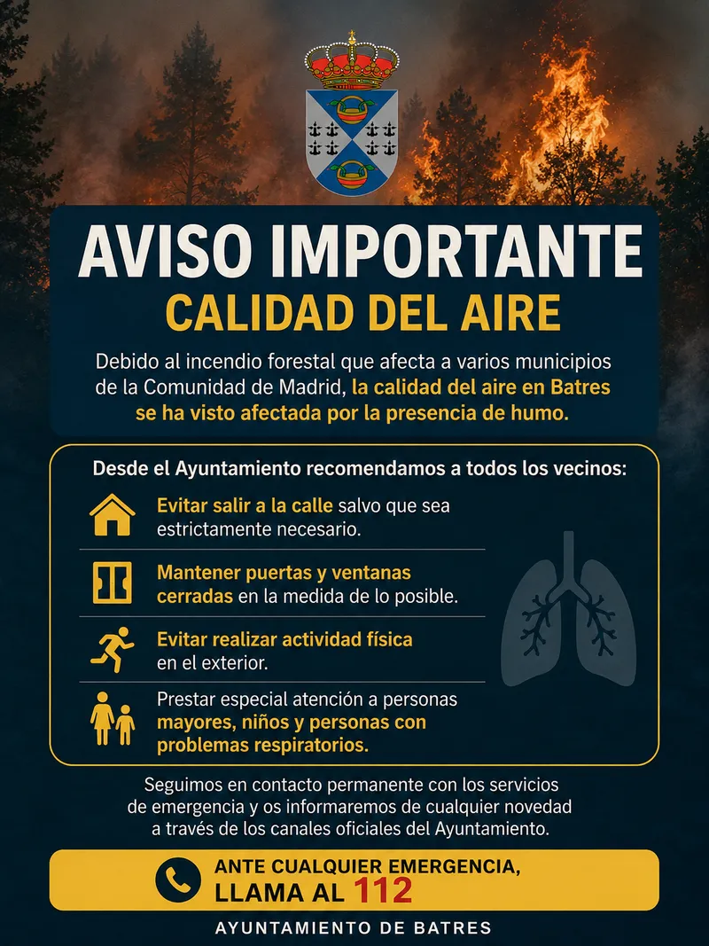Alerta en Batres por humo de incendio forestal: recomendaciones sanitarias para los vecinos