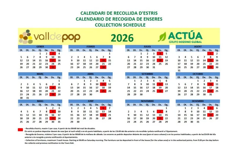 Murla publica el calendario de recogida de enseres para 2026