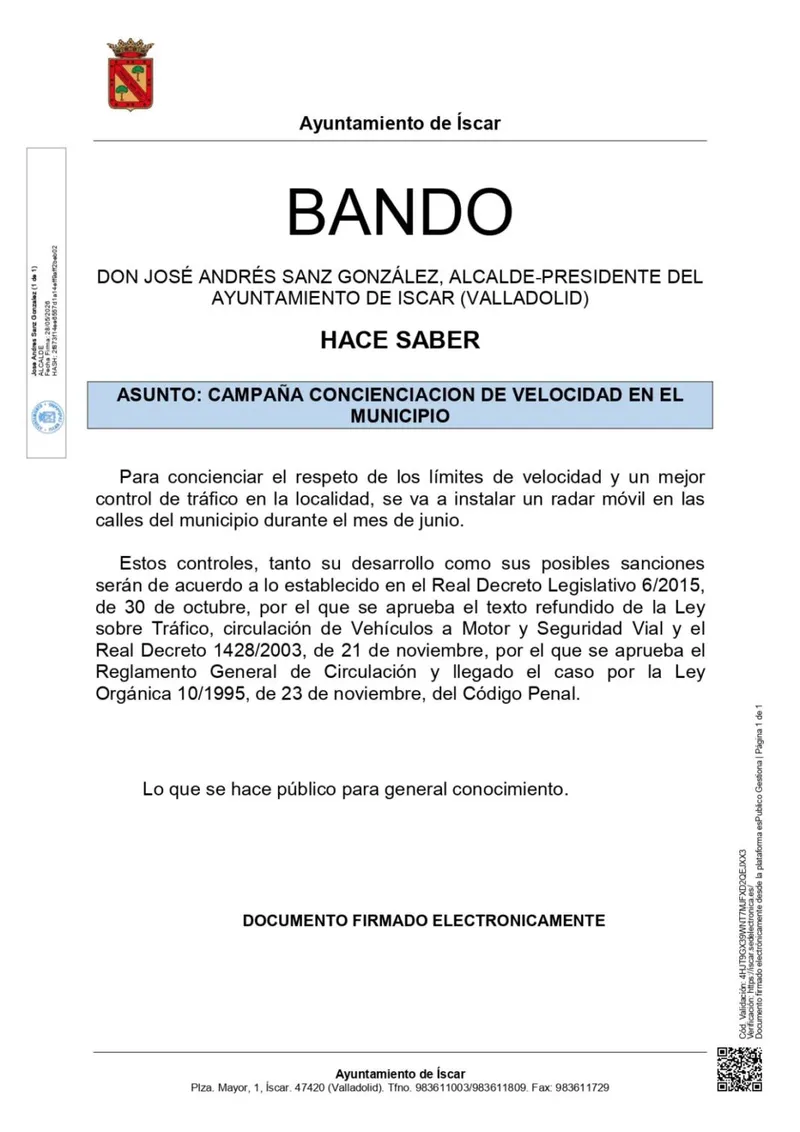 Íscar informa sobre la instalación de un radar móvil para controlar la velocidad