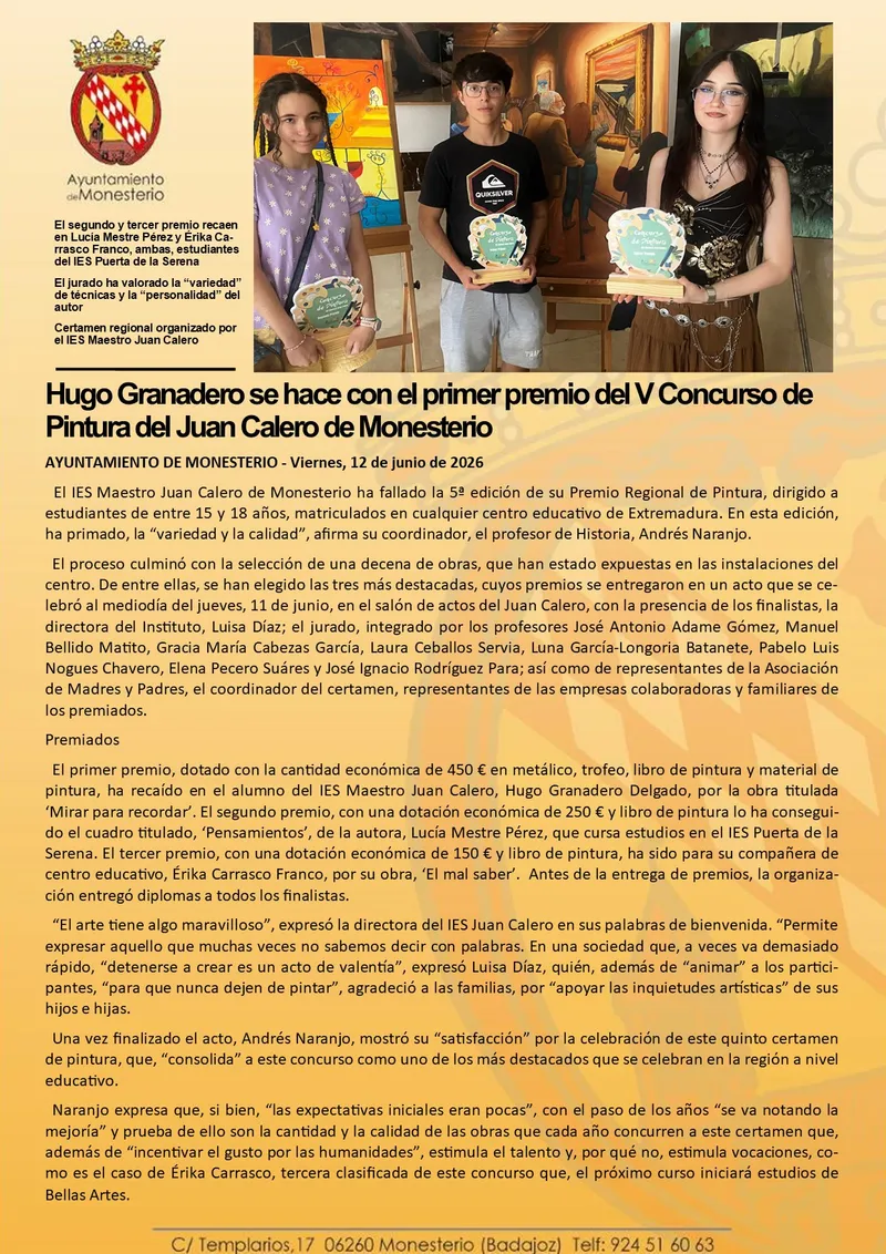 Hugo Granadero gana el V Concurso de Pintura Juan Calero de Monesterio