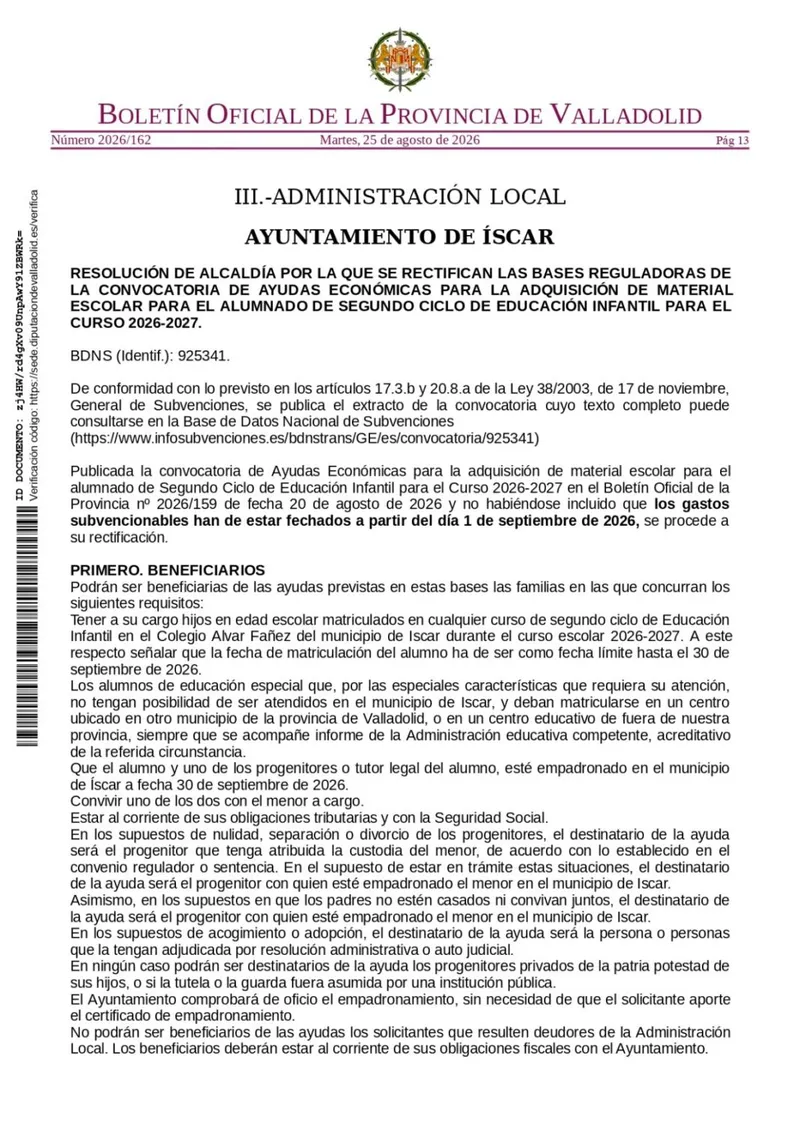 Íscar rectifica las bases de las ayudas para material escolar de Infantil