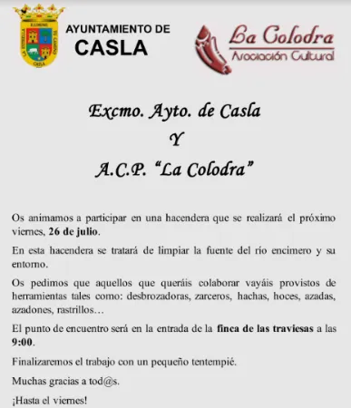 Casla publica la convocatoria de la Hacendera Municipal para la mejora del entorno