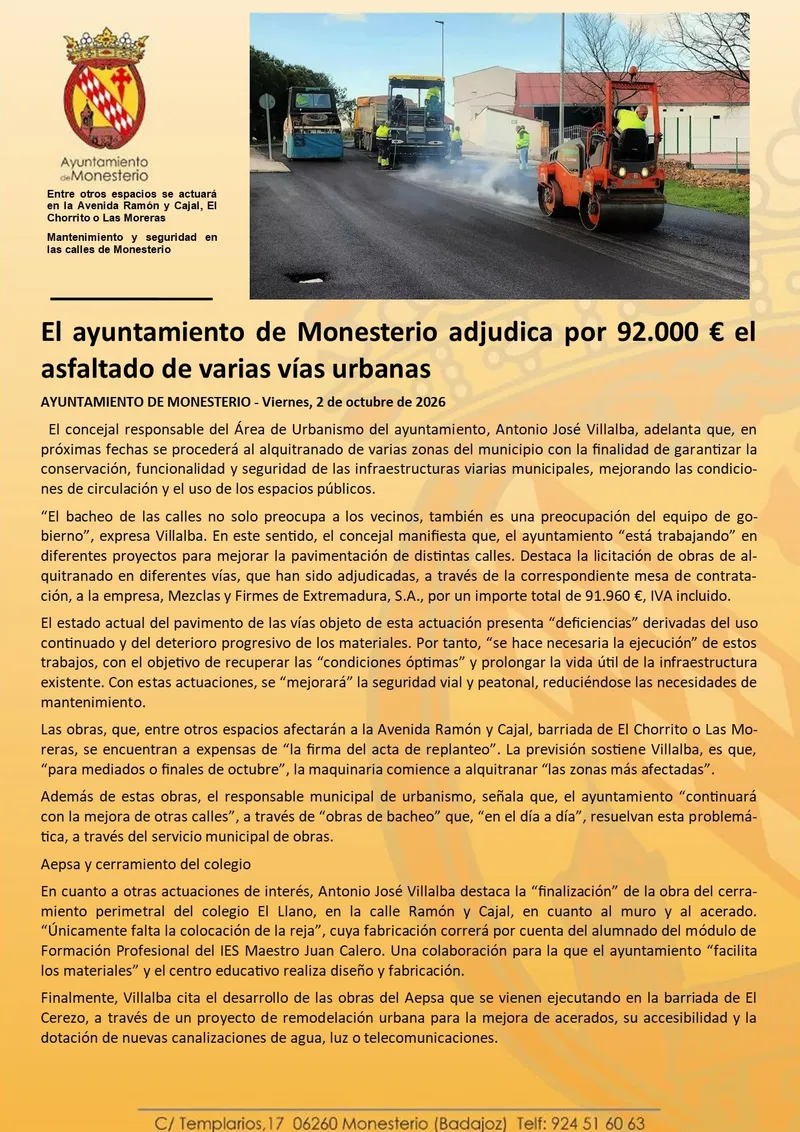 Monesterio destina 92.000 euros al asfaltado de calles urbanas