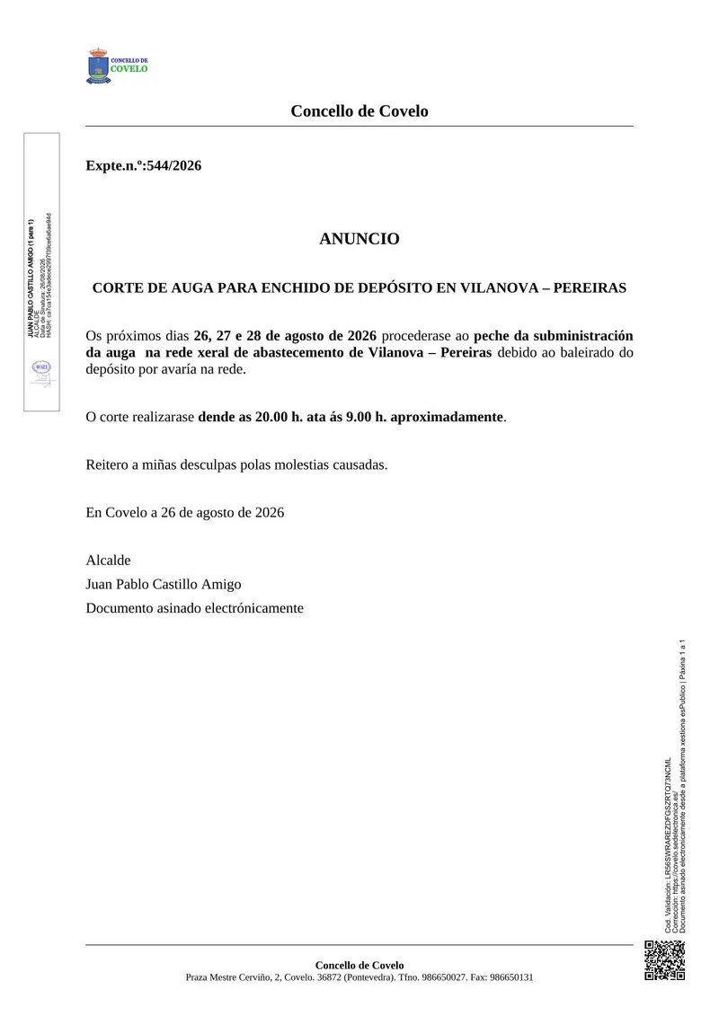 Corte de agua programado en Vilanova-Pereiras el 26 de agosto