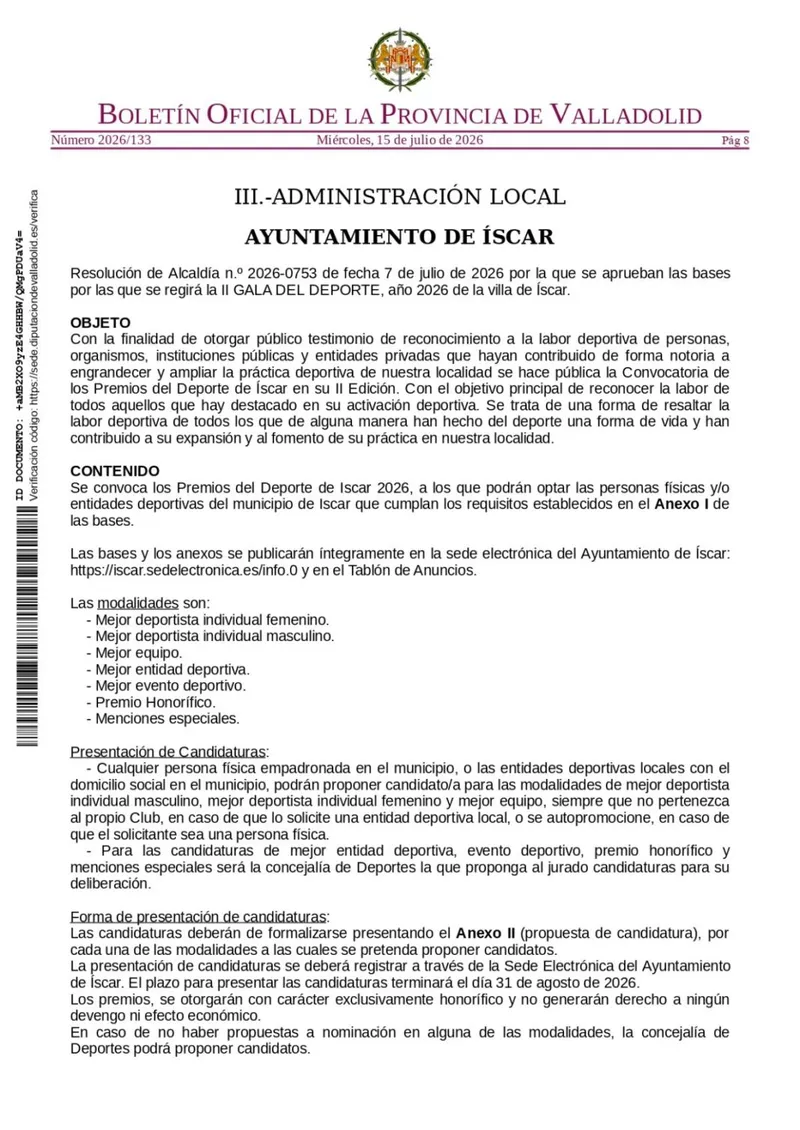 Íscar convoca la II Gala del Deporte para reconocer la labor deportiva local