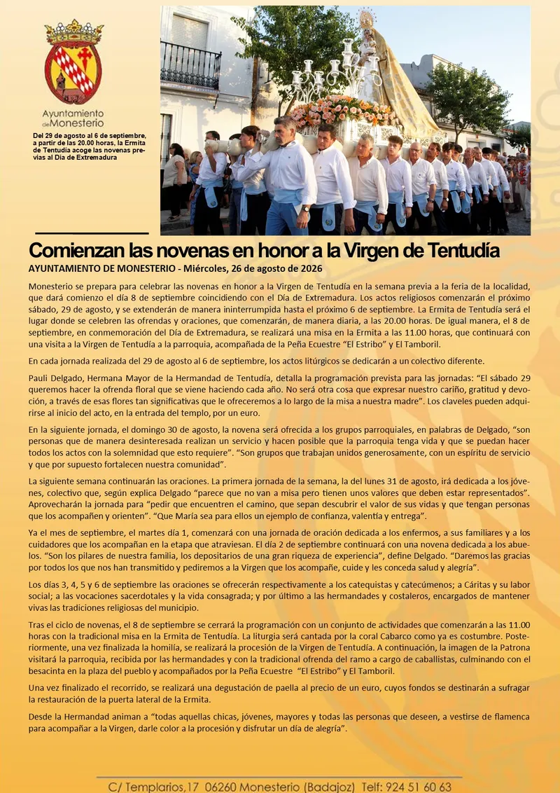 Comienzan las novenas en honor a la Virgen de Tentudía en Monesterio