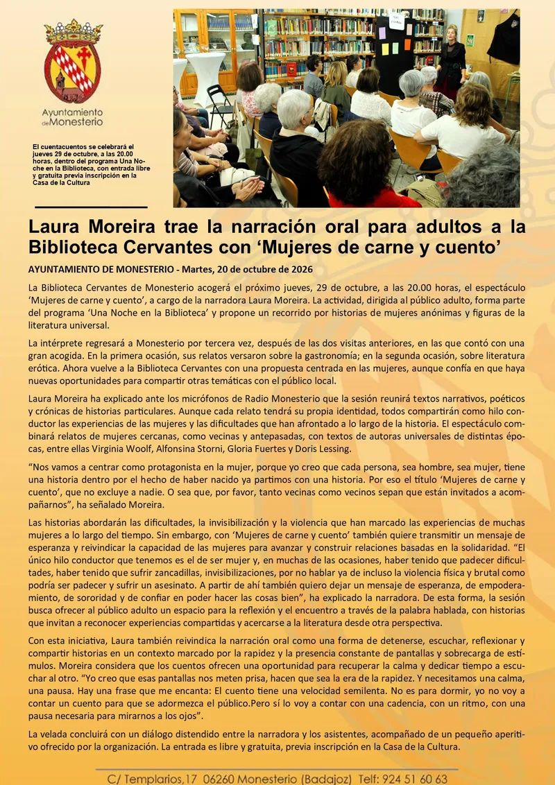 Laura Moreira acerca la narración oral para adultos a la Biblioteca Cervantes