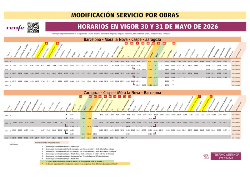 Obras en Nonaspe cortan la línea de tren Caspe-Barcelona; Renfe habilita transporte por carretera