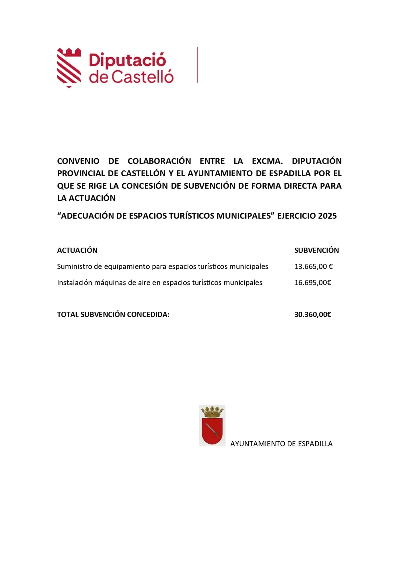 Espadilla recibe 30.360 euros de la Diputación para mejorar sus espacios turísticos