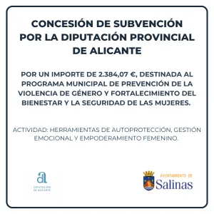 Salinas recibe 2.384 € de la Diputación para programas de igualdad y seguridad femenina