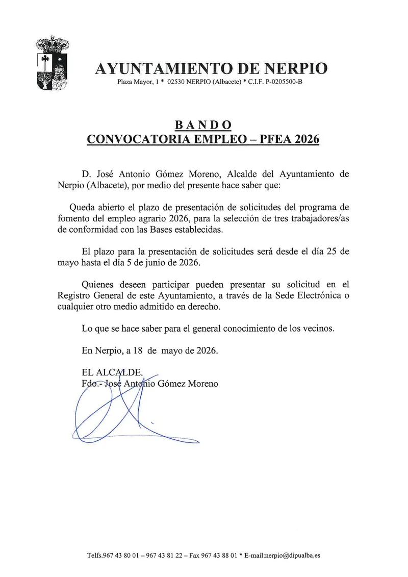 Nerpio abre plazo para la selección de tres trabajadores del PFEA 2026