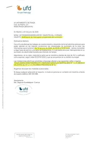Corte de suministro eléctrico programado en Riaza el 19 de junio