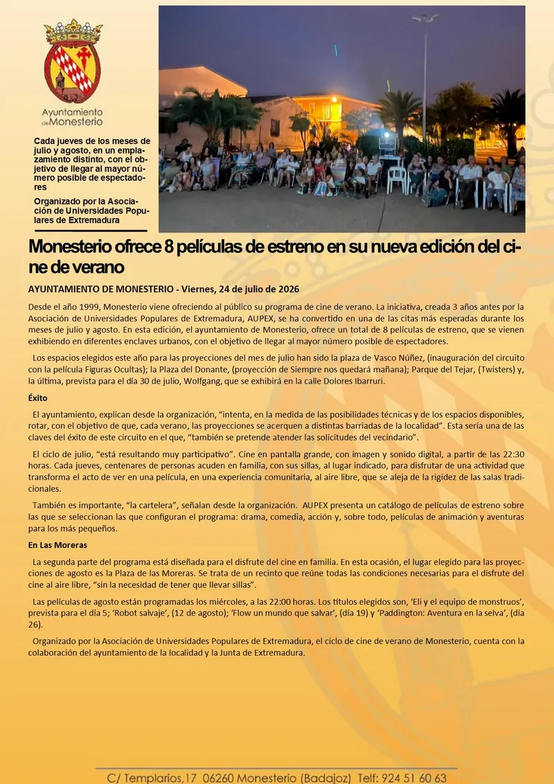 Monesterio proyectará ocho películas gratuitas en su ciclo de cine de verano