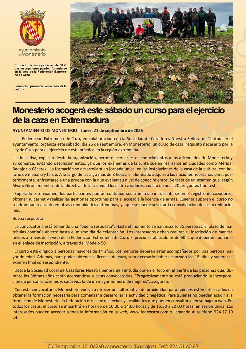 Monesterio acoge un curso de formación para cazadores en Extremadura