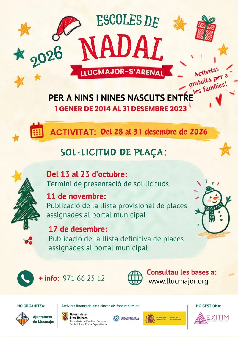 Llucmajor abre el plazo para las Escoles de Nadal 2026: inscripciones en octubre
