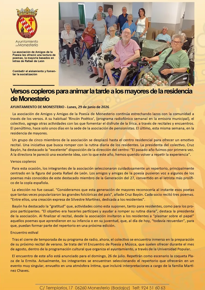 Versos copleros alegran la tarde de los mayores en la residencia de Monesterio