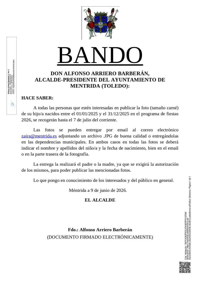 Méntrida abre el plazo para incluir fotos de bebés en el Libro de Fiestas 2026