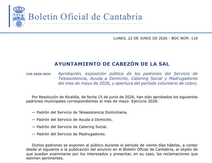 Cabezón de la Sal aprueba los padrones fiscales de 2026 y abre el plazo de cobro voluntario
