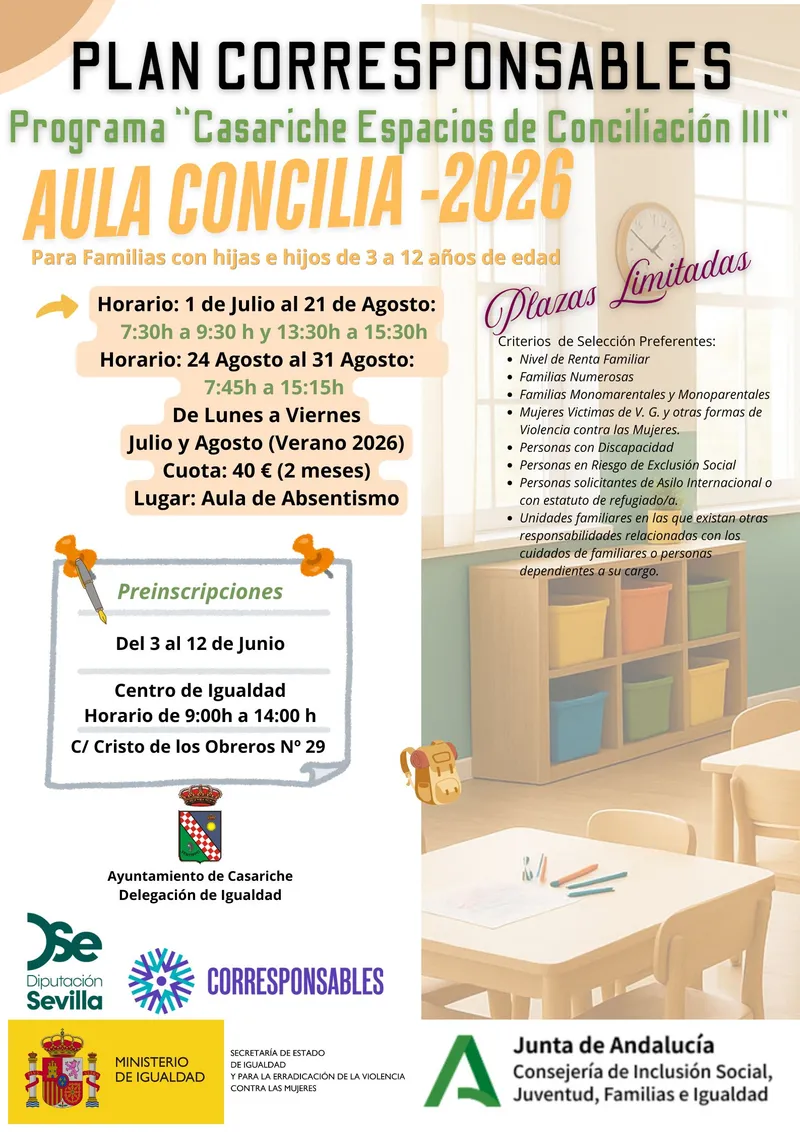 Casariche lanza 'Aula Concilia 2026' para facilitar la conciliación laboral y familiar este verano