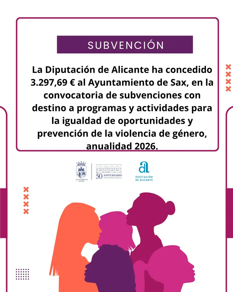 Sax recibe 3.297 € de la Diputación de Alicante para programas de igualdad