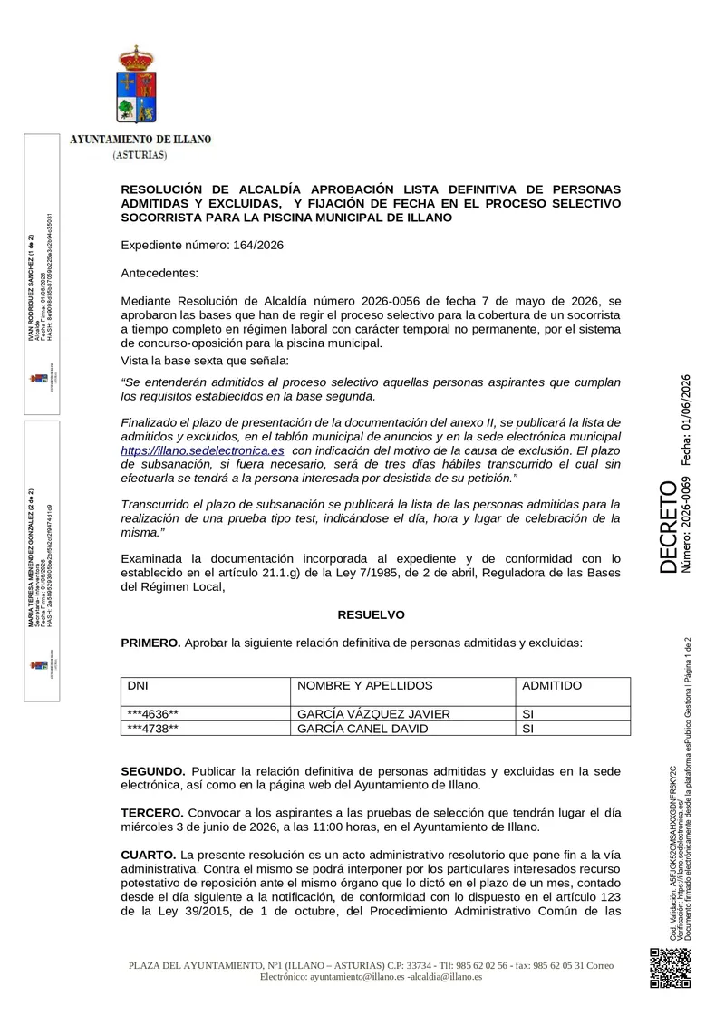 Illano publica la lista definitiva de aspirantes a socorrista para la temporada 2026