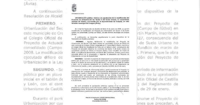 Crespos aprueba inicialmente la modificación del Proyecto de Urbanización del Sector 5