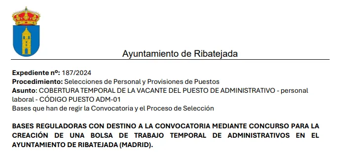 Ribatejada abre plazo para cubrir temporalmente una plaza de administrativo