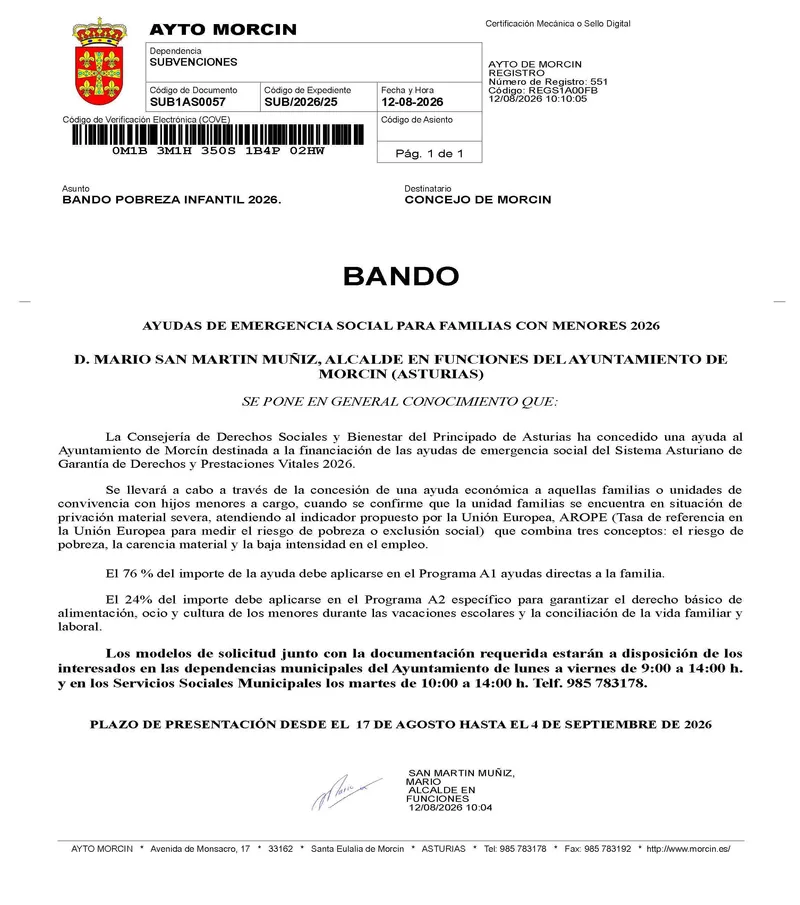 Morcín abre plazo para ayudas de emergencia social a familias con menores