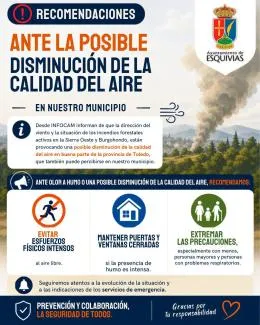 Alerta en Esquivias por posible empeoramiento de la calidad del aire debido a incendios forestales