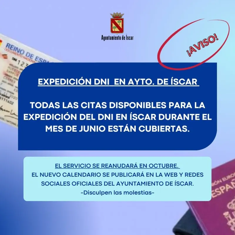 El servicio de expedición del DNI en Íscar se suspende hasta octubre