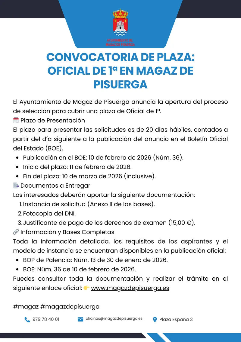 Magaz de Pisuerga convoca plaza de Oficial de 1ª con plazo de 20 días hábiles