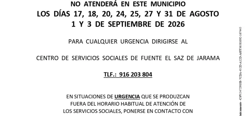Valdeolmos-Alalpardo: Suspenden el servicio de la Trabajadora Social del 17 de agosto al 3 de septiembre