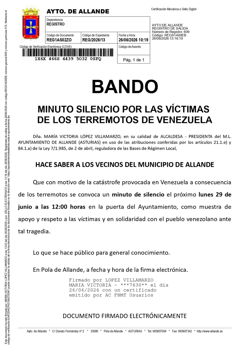 Allande guarda un minuto de silencio por las víctimas del terremoto en Venezuela