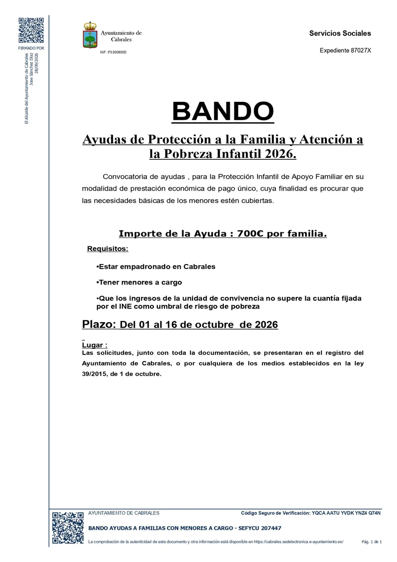 Cabrales abre plazo para ayudas familiares y contra la pobreza infantil en 2026