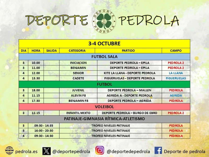 Pedrola anuncia los horarios de las competiciones deportivas del 3 y 4 de octubre