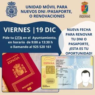 Esquivias facilita la renovación de DNI y pasaporte con unidad móvil el 19 de diciembre