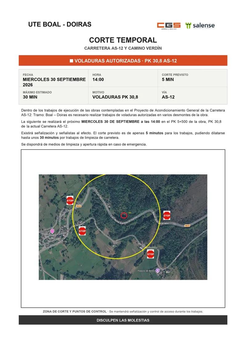 Cortes en la AS-12 por trabajos de voladura entre Boal y Doiras este miércoles