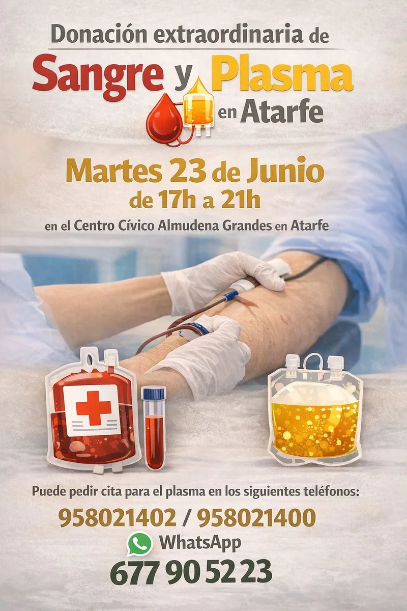 Atarfe convoca donación extraordinaria de sangre y plasma este martes